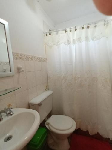 a white bathroom with a toilet and a sink at Complejo Las Maras in El Chalten