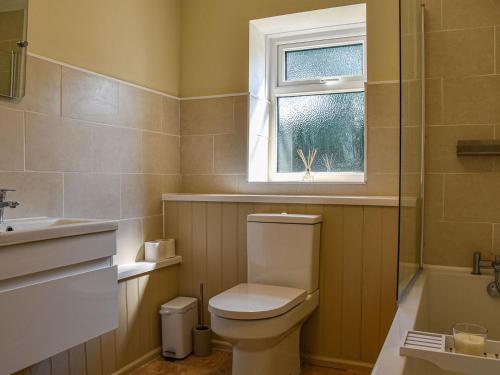 a bathroom with a toilet and a sink and a window at Swallow Cottage in Gowerton