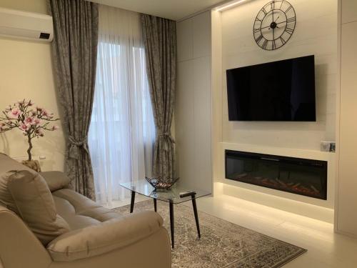 a living room with a fireplace and a tv at Apartment z kominkiem w sercu Wrocławia in Wrocław