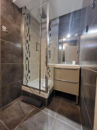 une salle de bain avec douche et lavabo dans l'établissement T2 Chambre Miroir jardin et parking privé Marseille, à Marseille