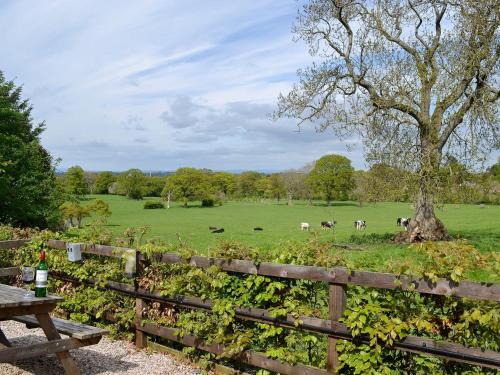 a fence with cows grazing in a field with a tree at Swallow Cottage - Ukc3427 in Dalston