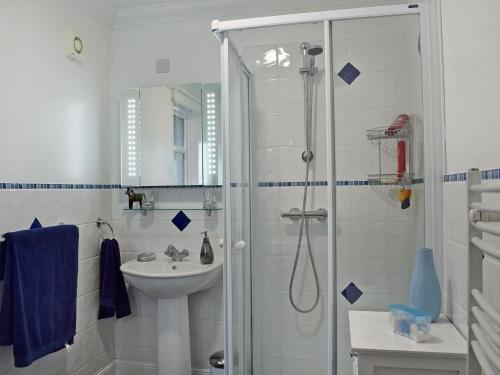 a bathroom with a shower and a sink at Dream Cottage in Strathyre