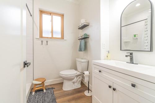 a bathroom with a toilet and a sink and a mirror at Stylish 2-Bedroom walking distance to Downtown in Reno