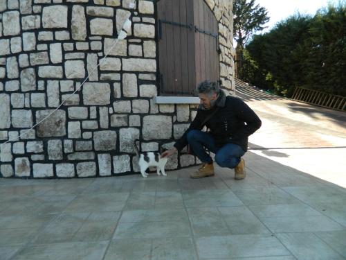 a man squatting next to a cat next to a building at Castello in Valguarnera Caropepe