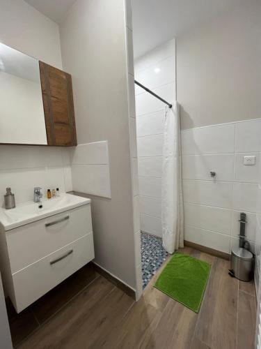 a white bathroom with a sink and a shower at Appartement rénové à 15min de Lyon in Saint-Fons