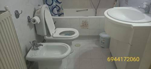a white bathroom with a toilet and a sink at Aegina town, summer house in Egina