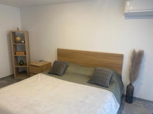 1 dormitorio con 1 cama con 2 almohadas en Maison Climatisée proche du lac de Freminville, en Tignieu-Jameyzieu