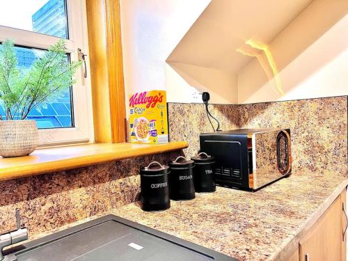 a kitchen counter with a microwave on a counter top at Stylish North Spring Exec One Bedroom Apartment in Aberdeen