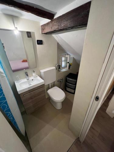 a bathroom with a white toilet and a sink at Appartamento Bononia in Bologna