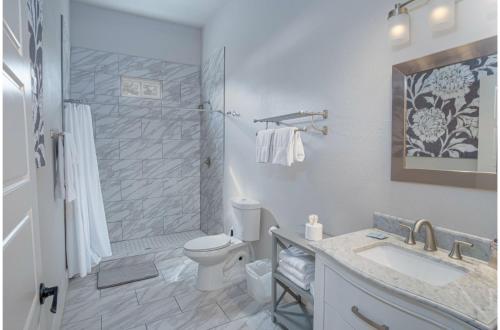a bathroom with a shower and a toilet and a sink at Gorgeous Family-Friendly Home Near Downtown in San Antonio