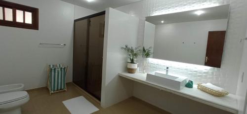 a bathroom with a sink and a toilet and a mirror at BauHouse Asuncion in Asunción