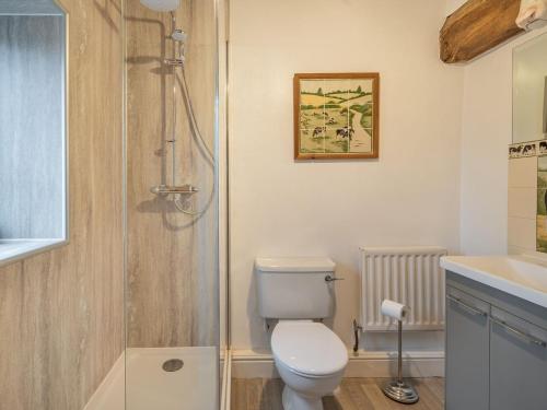y baño con aseo, ducha y lavamanos. en The Cowshed en Penrith