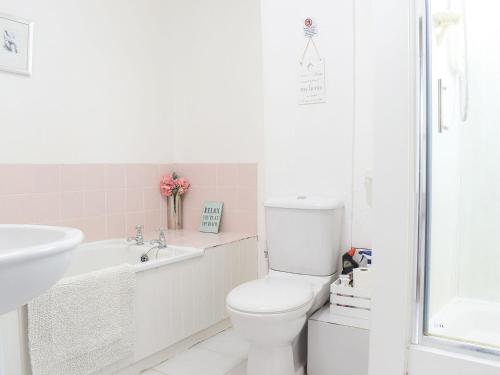 La salle de bains blanche est pourvue de toilettes et d'un lavabo. dans l'établissement Thorntree Cottage, à Colaton Raleigh
