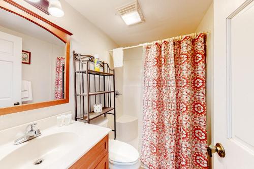 a bathroom with a sink and a shower curtain at Moody Creek Cabin in Seven Devils