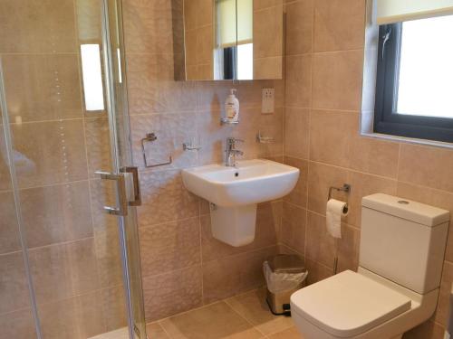 a bathroom with a toilet and a sink and a shower at Juniper Lodge - UKC3931 in Otterburn