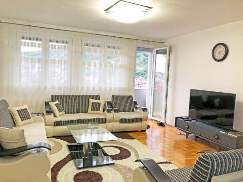 un soggiorno con divani e TV a schermo piatto di Central Private Apartment with Views a Pejë