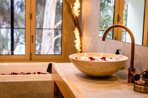 a bathroom with a bowl on a counter next to a tub at Bruny Island Oceanfront Luxe Cabin with Spa in Adventure Bay