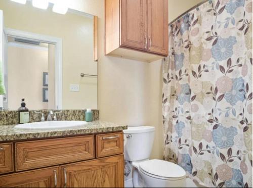 a bathroom with a toilet and a shower curtain at Fancy Nancy 2 Min Walk to Beach, Lyft, Pet-friendly in Bolivar Peninsula