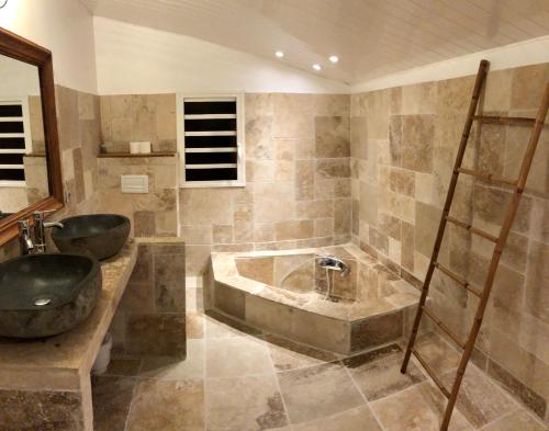 小島市的住宿－Villa spa Grand Anse，带浴缸和盥洗盆的浴室