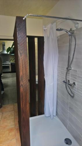 La salle de bains est pourvue d'une douche avec un rideau de douche blanc. dans l'établissement Maison classée 50m océan de 2 à 12 personnes, à Mimizan
