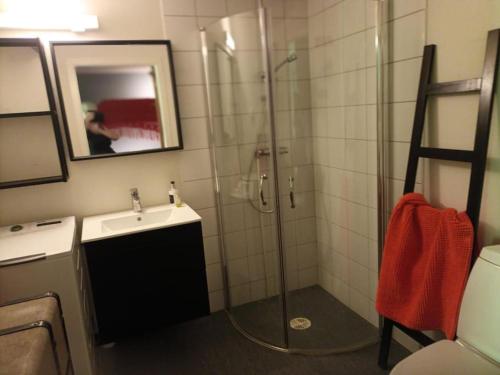 a bathroom with a glass shower and a sink at Koselig leilighet , med parkering og ski in &out. in Oppdal
