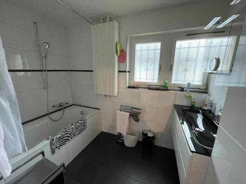 a bathroom with a bath tub and a sink at Villa Monkey in Brienz