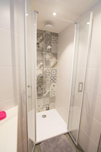 une douche avec une porte vitrée dans une salle de bain dans l'établissement Appartement charmant à Valloire avec vue sur montagne, 65 m², à Valloire