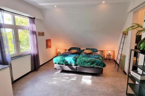 韋斯特卡佩勒的住宿－Bazien Luxe kamer bij Strand en Kreek natuur en veel faciliteiten，一间卧室设有一张床和梯子