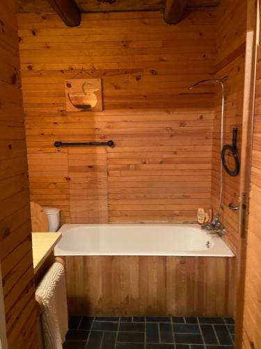 ein Badezimmer mit einer Badewanne an einer Holzwand in der Unterkunft Ma petite école in Saint-Martin-de-Belleville