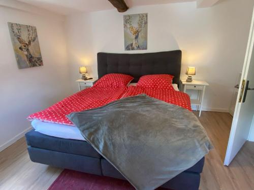 Ferienwohnung Dick في شمالنبرغ: غرفة نوم مع سرير بملاءات النقط الحمراء