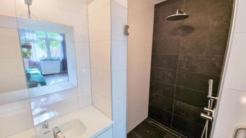 a bathroom with a shower and a sink at Westkapelle comfortabele Strandkamer aan de Kreek in Westkapelle