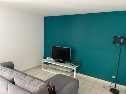 sala de estar con sofá y TV de pantalla plana en Charmant T3: en plein coeur de Montargis, en Montargis