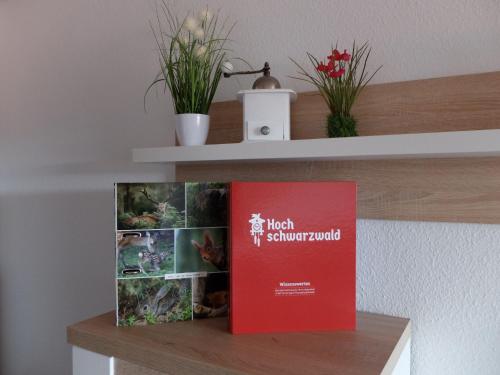 a book sitting on top of a shelf at Apartment Schwarzwaldblick-19 by Interhome in Obertal