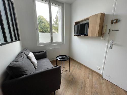 - un salon avec un canapé et un four micro-ondes dans l'établissement L'avalasse - Petit appartement centre de Rouen - 121, à Rouen