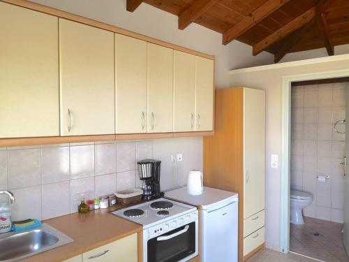 a kitchen with a stove a sink and a microwave at 12 Gods Resort in Pylos