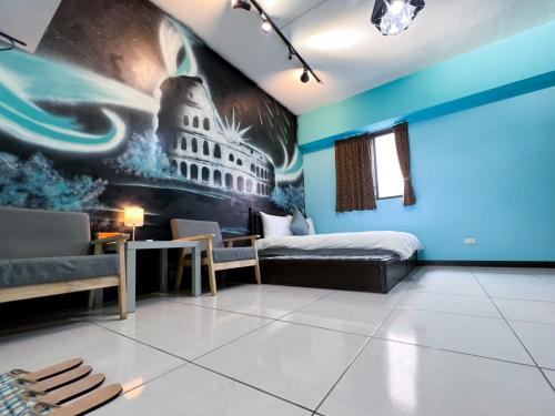 a room with a bed and a painting on the wall at 一中小窩馨 in Taichung