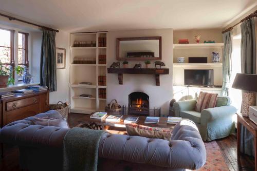 a living room with a couch and a fireplace at The Stable Yard House at Burtown House & Gardens in Athy