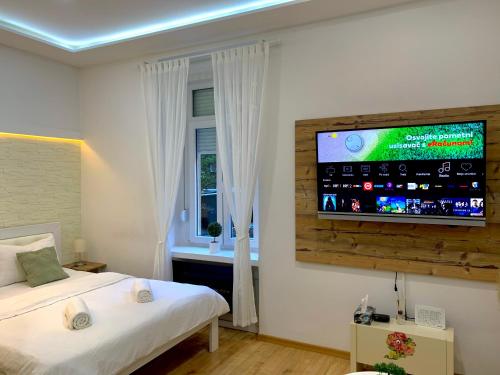 a bedroom with two beds and a flat screen tv on the wall at Croatia_Zagreb Apartment in Zagreb