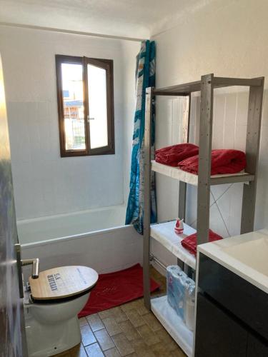 baño con 2 literas y aseo en Location appartement 4 couchages en rez de jardin en La Cabanasse