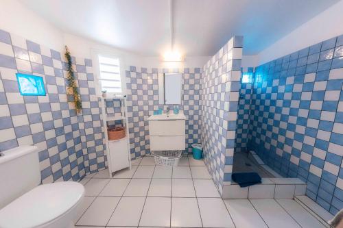 bagno con servizi igienici e piastrelle bianche e blu di Studio CASSIA en RDJ proche lagon de l'Ermitage a Saint-Gilles-les Bains