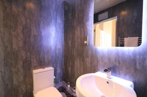 a bathroom with a sink and a toilet and a mirror at Signature - Linden House Flat 1 in Airdrie