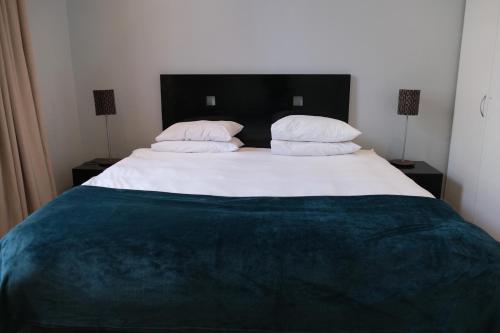a bedroom with a large bed with two pillows at Daddy Long Legs Self Catering Apartments in Cape Town