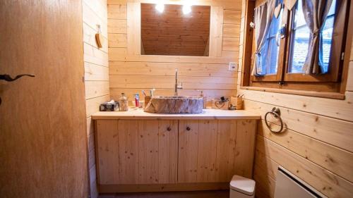 AyerにあるChalet Bella Vouarda. Cosy traditional alpine stayの木造キャビン内のバスルーム(シンク付)