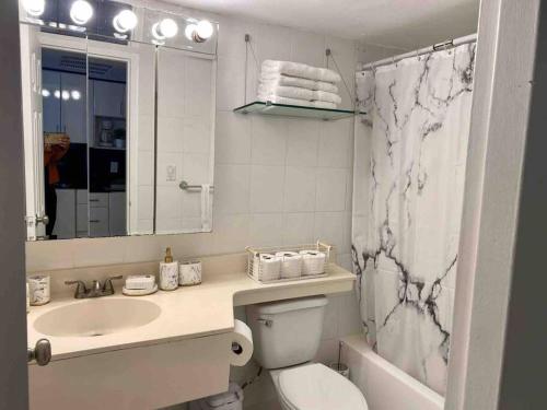 ein Bad mit einem WC, einem Waschbecken und einer Dusche in der Unterkunft Alojamiento con balcon hacia la playa 115 in Miami Beach