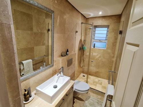 a bathroom with a sink and a shower and a toilet at Palm Zicht MAIN 3 bedroom apartment in Cape Town