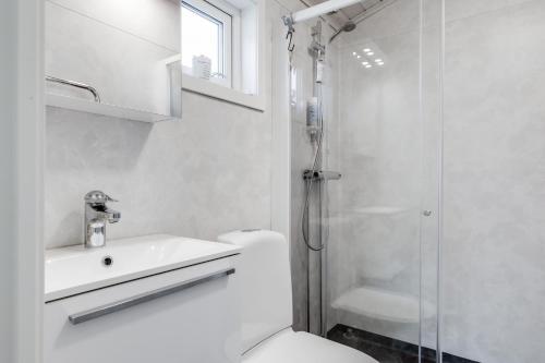 La salle de bains est pourvue d'une douche, de toilettes et d'un lavabo. dans l'établissement Cozy mobile home near sandy beach, à Hammar