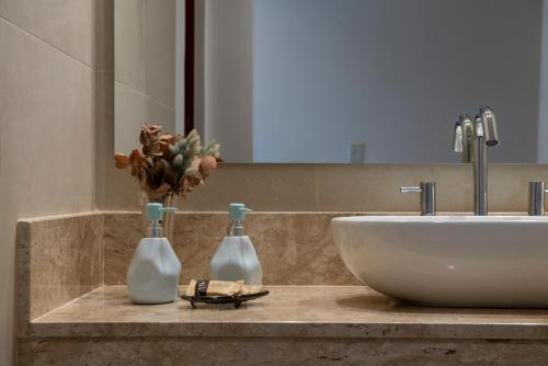 a bathroom counter with a sink and two bottles at Hotel Tré Iguazú in Puerto Iguazú