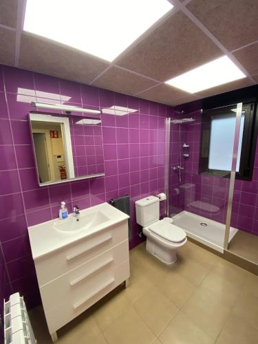 a purple bathroom with a toilet and a sink at Casa Alberto 1 izda in Tudela