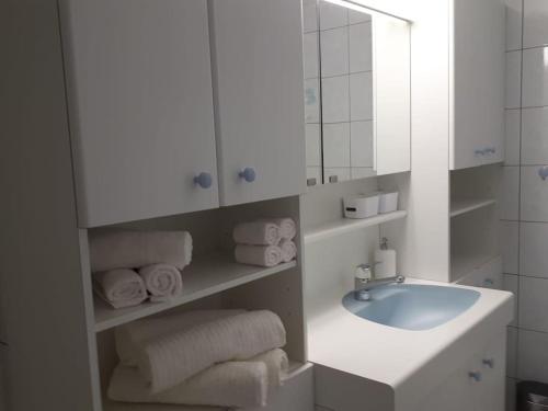 een badkamer met een wastafel, een spiegel en handdoeken bij Appartement lumineux et spacieux à Charmey - Coin de paradis in Charmey