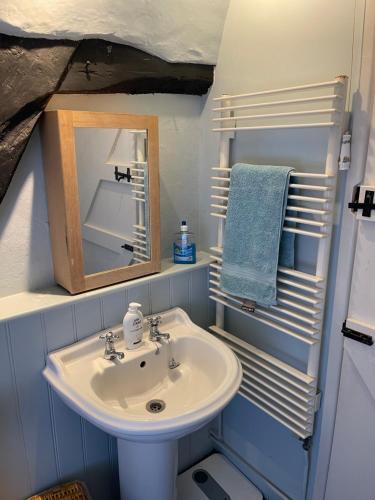 a bathroom with a sink and a mirror at Beautiful Character Thatched Pet Friendly House in Enford